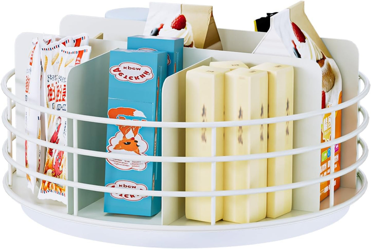 Snack Organizer - Versatile Snack Storage, Lazy Susan with Convenient Grab-and-Go Design, Metal Snack Holder for Home, Office, Breakroom, 10.85" L x 10.85" W x 5" H (White)