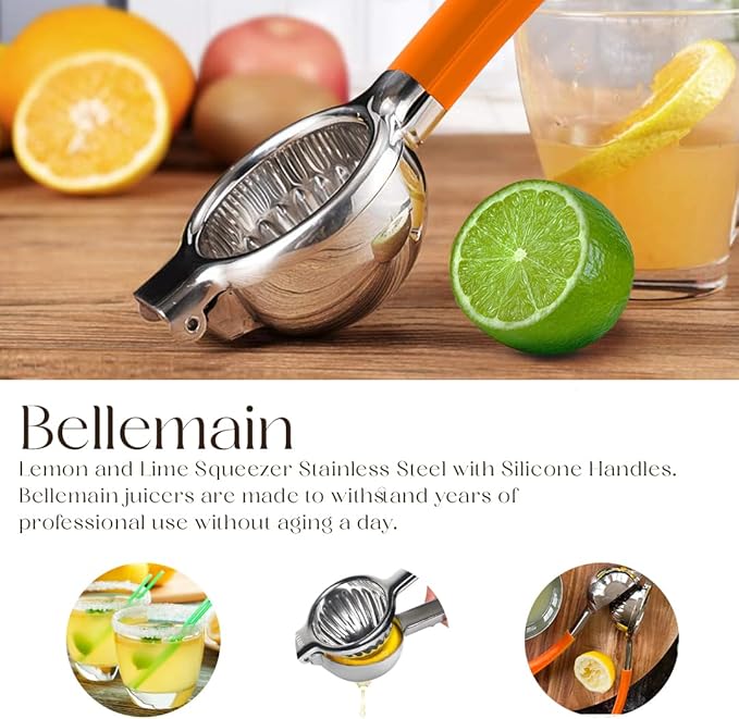 Bellemain Citrus Juicer | Metal Lemon Squeezer | Lime and Lemon Juicer Stainless Steel with Silicone Handles | Manual Juicer, Citrus Squeezer, Hand Held Juicer | Bar Juicer for Bartender (Orange)