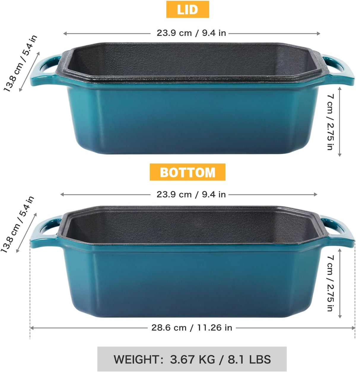 Bread Pan Cast Iron Loaf Pan with Lid Bread Loaf Pan 9x5 Inch Loaf Pan Enameled Cast Iron Sourdough Loaf Pan, DarkCyan