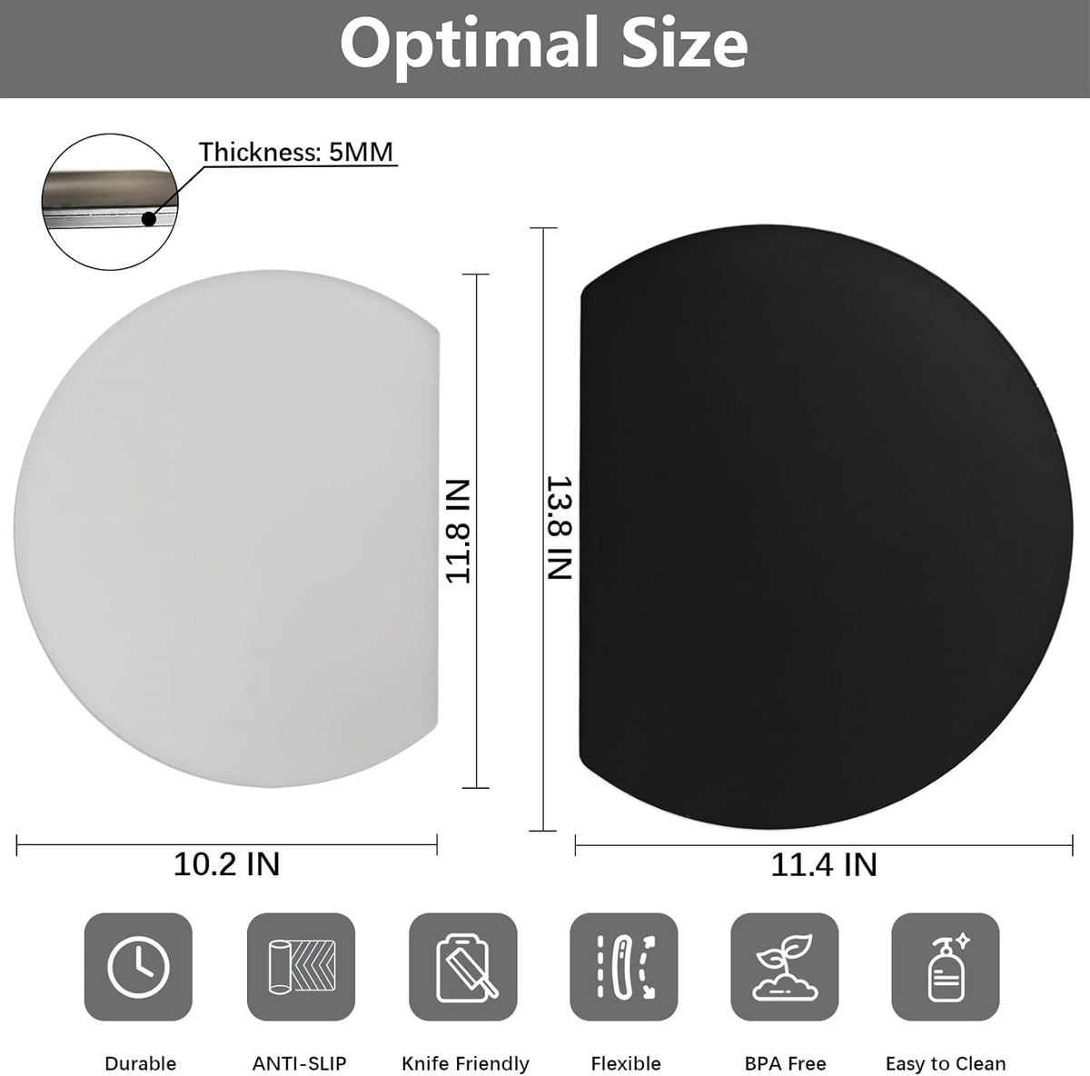 ZVP Thick Silicone TPU Cutting Board Mats for Kitchen, Flexible Rubber Cutting Boards, Anti-Slip Cutting Mats, Semicircle Chopping Board, BPA Free Dishwasher Safe, 2 Pieces