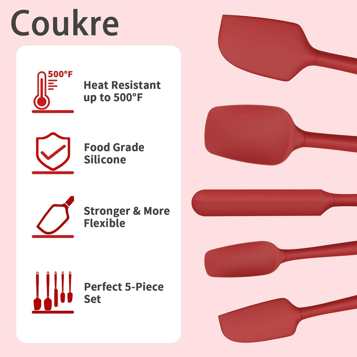 Coukre Silicone Spatula Set of 5,High Temperature Resistant, Food Grade Silicone, Dishwasher Safe, for Baking, Cooking (Pure Red)