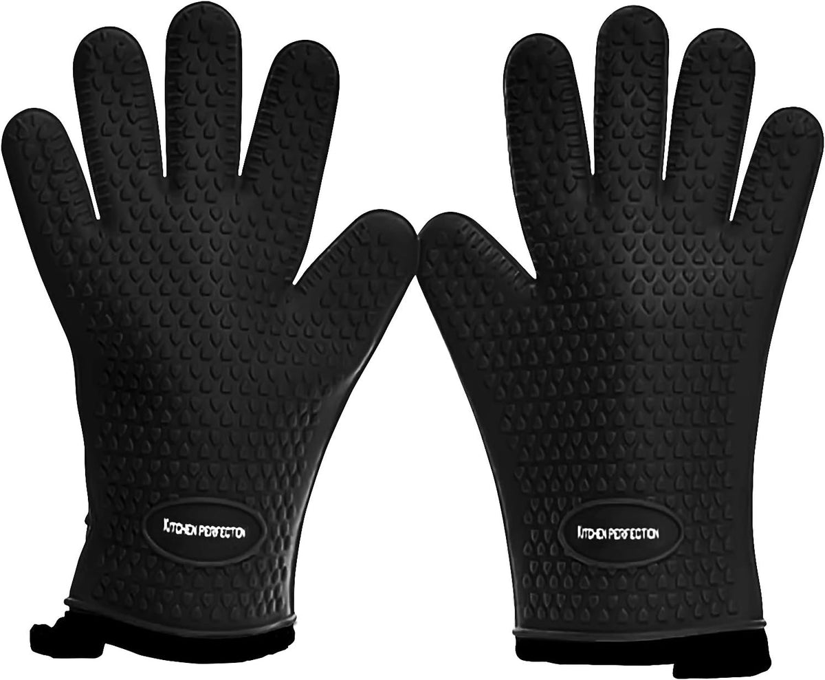 KITCHEN PERFECTION XL Silicone Smoker Oven Gloves-Extreme Heat Resistant BBQ Gloves-Handle Hot Food Right on Your Grill Fryer&Pit|Waterproof Grilling Cooking Baking Mitts|Superior Value Set+3 Bonuses