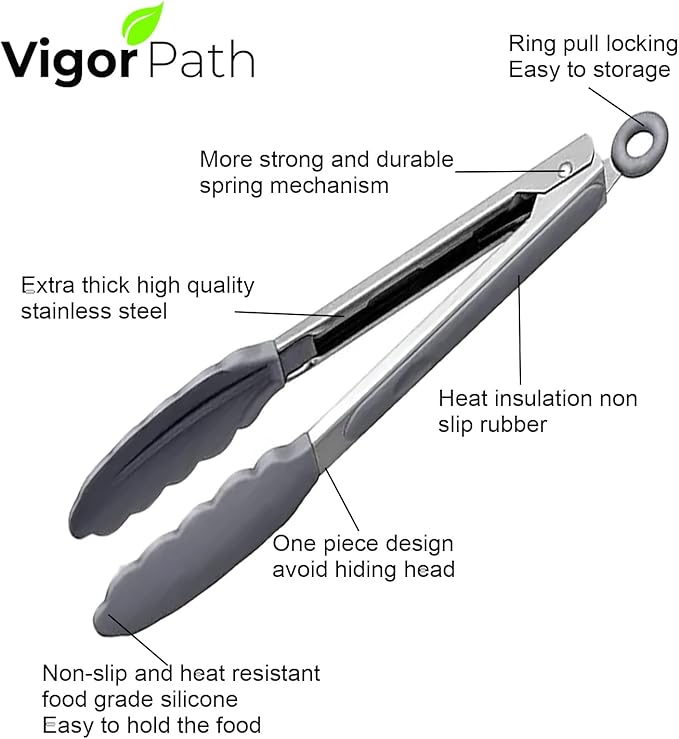 2-Pack of 9" (Small) & 12" (Large) Kitchen Tongs Set: Non-Stick Silicone-Stainless Steel Cooking Tongs, BPA Free, Heat Resistant (480°F) - Non-Slip Grip & Locking Metal Food Tongs (Grey)