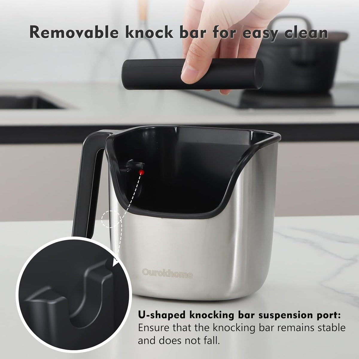 Ourokhome Knock Box Espresso Accessories, The Latest Patented Stainless Steel Espresso Machine Tool for Coffee Ground with Removable Knock Bar, Handle and Lid, Dishwasher safe, 4.8 inch