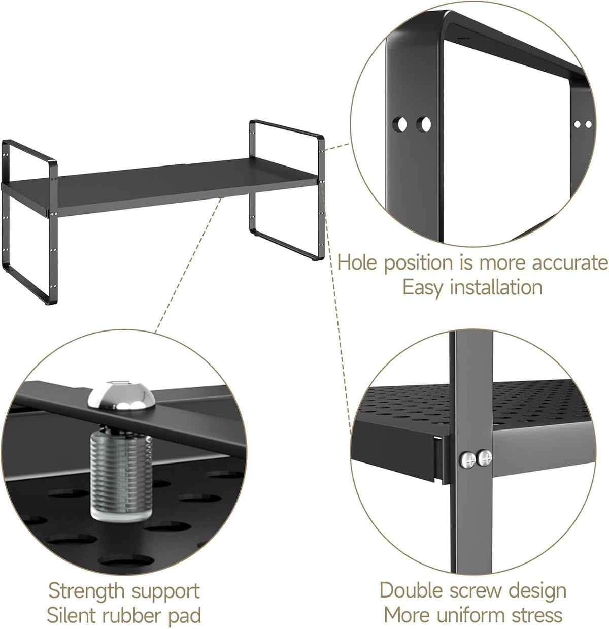 Hole Pattern Expandable Shelf Organizer,2Pack 10.2" Wide Easy to Assemble Cabinet Organizer Shelf, 16.5~27.1" Adjustable Height&Stackable Spice Organization for Cupboard, Black