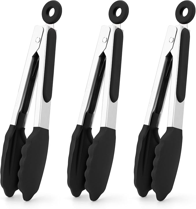 Small Silicone Tongs for Cooking,3 PCS 7-Inch Mini Serving Tong-600°F Heat Resistant Non Stick Stainless Steel Tong s with Silicone Tips Food Tong Cooking Tongs for Salad,Buffet Serving(Black)