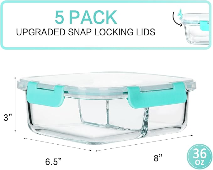 M MCIRCO [5-Pack, 36 oz] Glass Meal Prep Containers 3 Compartment with Lids, Glass Lunch Containers,Food Prep Lunch Box,Bento Box,Microwave, Oven, Freezer, Dishwasher (4.5 Cups, Green)