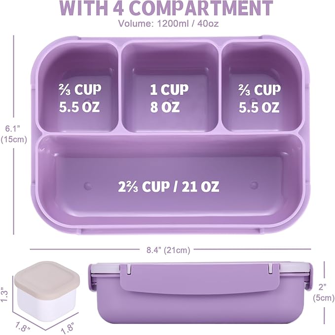 Bento Box Adult Lunch Box, Lunch Containers for Kids Girls Boys with 4 Compartments, Lunchable Food Container with Utensils, Sauce Jar, Muffin Liners, 40 Oz/5 Cup, Microwave Safe, Lavender