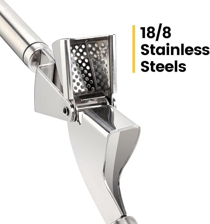 Garlic Press Mincer, 304 Stainless Steel Garlic Press with Garlic Peeler Tube, Heavy Duty Metal Ginger Press, Silver