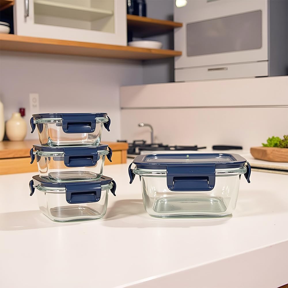 Square Glass Food Storage Containers With Lids，2 Cup Square Glass Containers With Lids, Small Food Containers, 16 oz Leak-proof lunch Bowls, Dishwasher Microwave Freezer Safe -(Dark Blue)