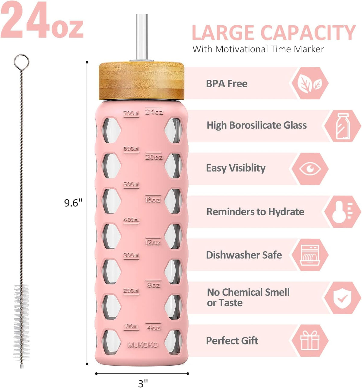 MUKOKO 24oz Glass Water Bottle with 2 Lids-Handle Flip Lid&Bamboo Straw Lid,Motivational Water Tumbler with Time Marker Reminder and Silicone Sleeve, Leakproof-Pink