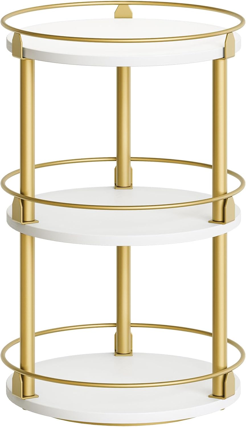 3-Tier Lazy Susan, Rotating Spice Rack, Spinning Organizer, Industrial Turntable Spice Rack for Cabinet, Kitchen Countertop, Pantry, White and Gold SR23DW