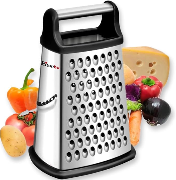 Multifunctional Stainless Steel Grater Slicer with Handle, Large 4 Sides Cutter for Ginger, Garlic, Cucumbers, Carrots, Cheese, Potato，Dishwasher Safe （Black）