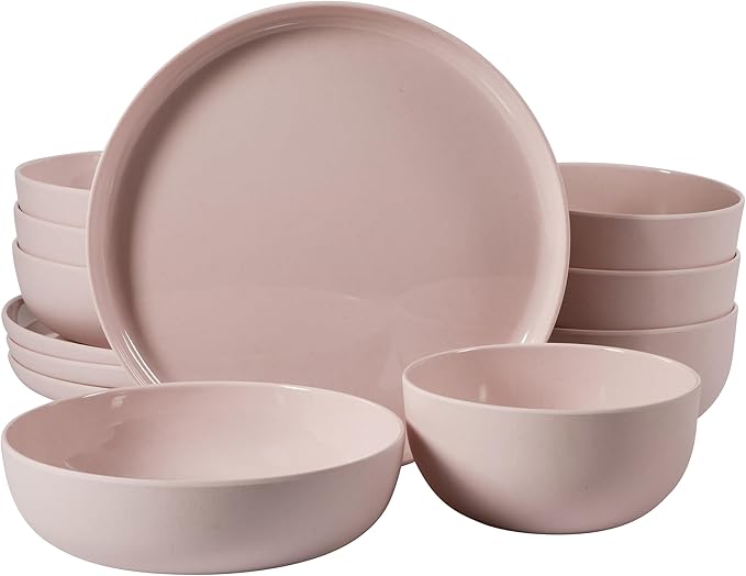 Gibson Home Candy Skies 12 Piece Unbreakable Wheat Straw Melamine Plates and Bowls Dinnerware Set - Outdoor, Camping, & Everyday Use - Matte Exterior/Shiny Interior Pink