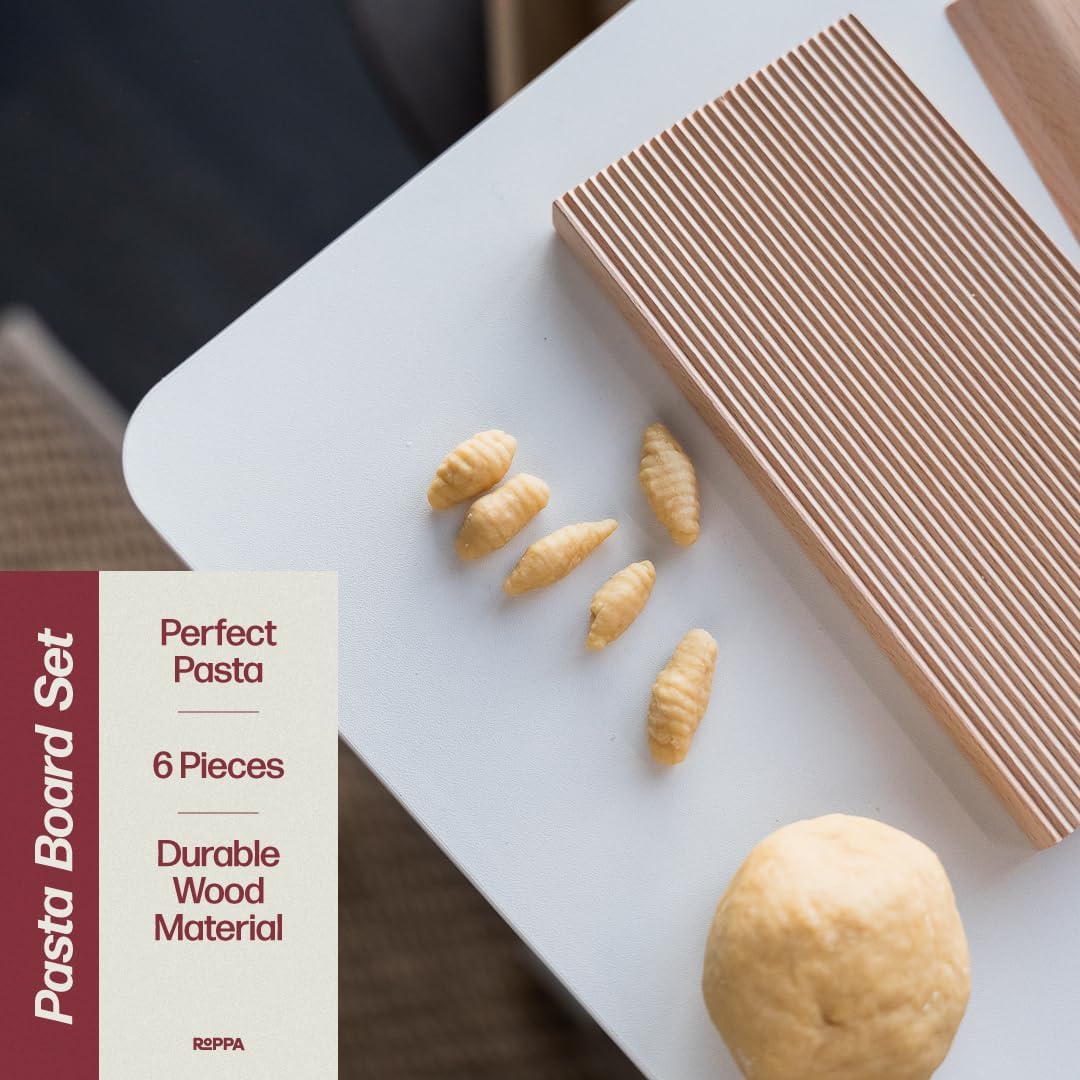 Wooden Pasta Board Set – 6-Piece Pasta Making Tools – Includes Pasta Board, Bench Scraper & 4 Rolling Pins – Make Rigatoni, Gnocchi, Garganelli, Trofie & More – Homemade Pasta Kit by Roppa