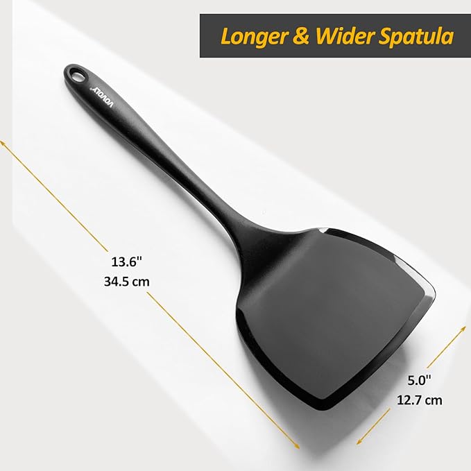 Silicone Pancake Spatula Turner with Lengthened Handle& Seamless Design, Heat Resistant Cooking Spatulas for Nonstick Cookware, Large Flexible Kitchen Utensils, Flipper for Egg, Pancake, Burger, Black