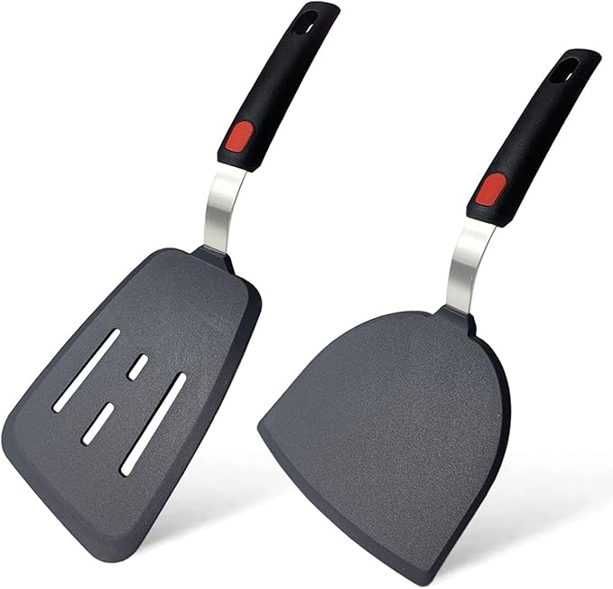 Silicone Spatula Set of 2 for Nonstick Cookware,Tenta Tenta Kitchen Slotted Angle Round Pancake Spatulas 600°F Heat Resistant Classic Rubber Spatula Set For Cooking-Grey/Black