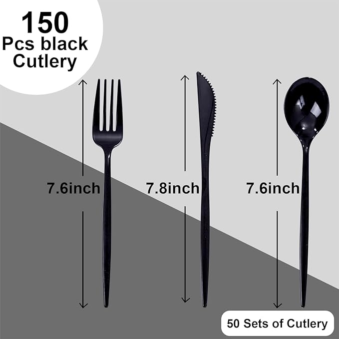 PULOTE 150PCS Black Plastic Silverware Set Disposable - Heavy Duty Black Plastic Cutlery - Black Plastic Utensils Set Include 50 Forks,50 Spoons,50 Knives for Party&New Year
