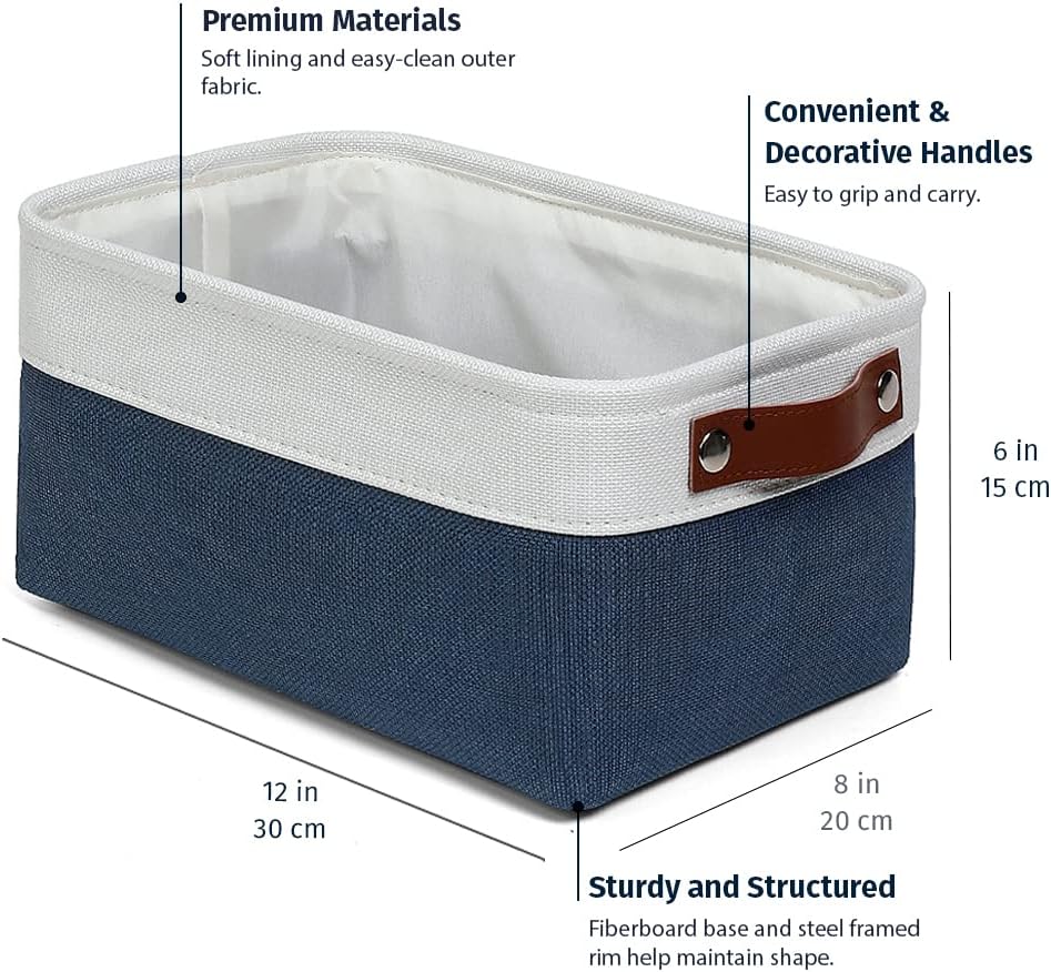 OrganiHaus Small Fabric Storage Baskets for Shelves 6 Pack, 12x8in Closet Storage Bins for Shelves, Cloth Baskets for Organizing, Linen Closet Organizers, Fabric Basket, Navy Blue/White