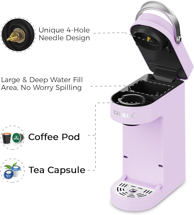 CHULUX Slim Single Serve Coffee Maker for K Pods, One Cup Coffee Maker Fits 7.3" Travel Mugs, Coffee Machine with 6 to 12oz Brew Sizes, Lavender