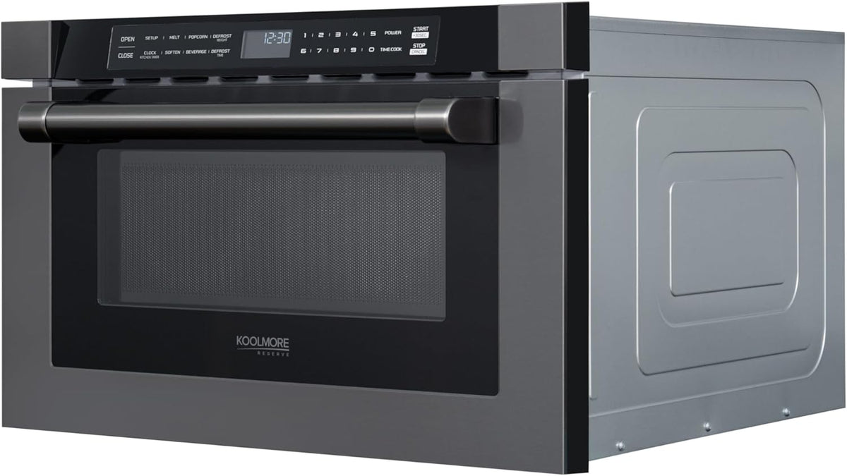 KoolMore Reserve 24 in. 1.2 cu. ft. Microwave Drawer with Electric Door Opening, 10 Power Levels, Sensor Cooking, Melt, Defrost, Bake, Roast, Broil, 1500 Watts, UL Certified in Black Stainless-Steel
