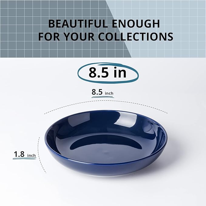 Y YHY 8.5" Vivid Blue Pasta, Salad & Soup Serving Bowls Set of 4, 32oz Large Ceramic, Microwave, Oven & Dishwasher Safe, Sturdy Porcelain Perfect for Daily Dining, Family Gatherings, Parties