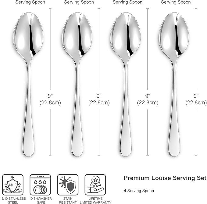 KEAWELL Premium Louise Spoons Set, Set of 4, 18/10 Stainless Steel, Exceptional mirror finish, Dishwasher Safe (9“ Serving Spoon)