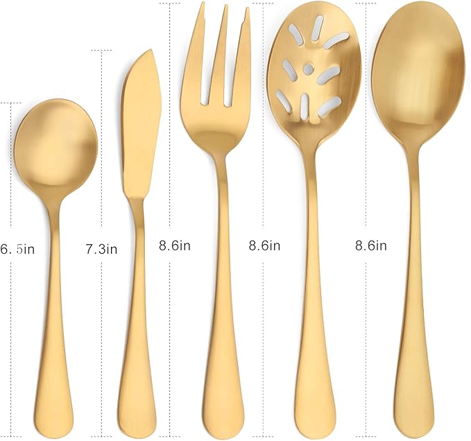 Matte Gold Serving Set，SHARECOOK 5-Piece 18/0 Stainless Steel Large Hostess Set with Round Edge, Satin Finished, Dishwasher Safe -Spoons, Forks,Butter Knife& Slotted Spoon