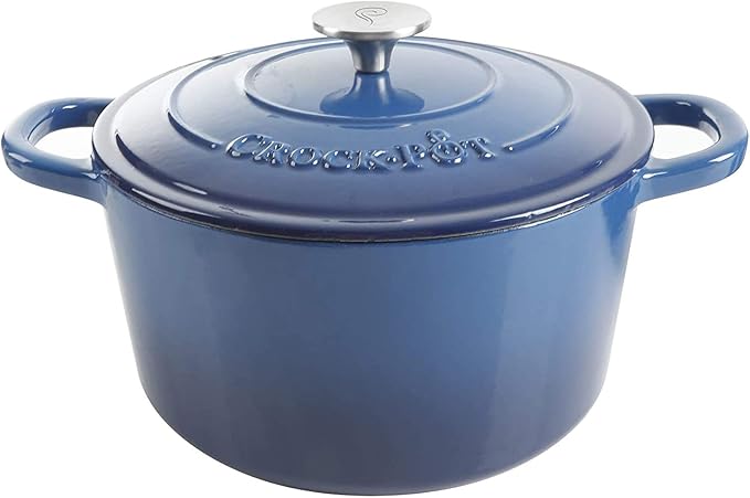 Crock-Pot Artisan 5-Quart Round Enameled Cast Iron Dutch Oven – Blue, Durable Heavy-Duty Cookware for Slow Cooking, Roasting, Baking with Lid