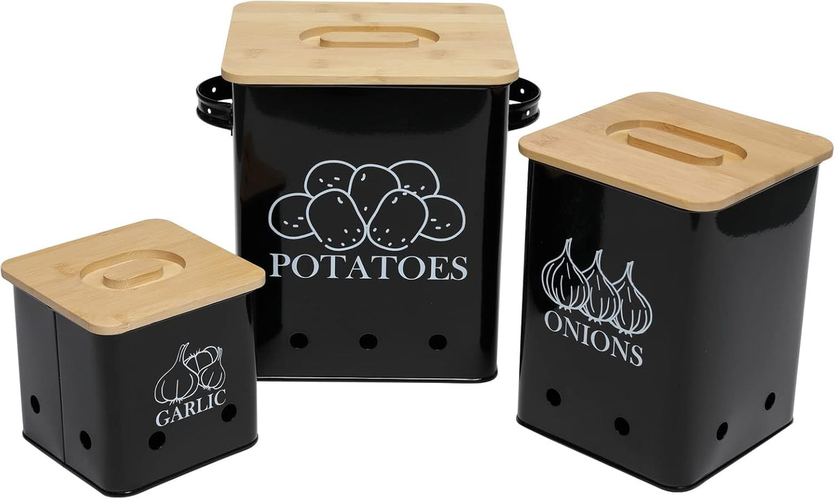 Kitchen Canisters Set, Storage Bin for Potato Onion & Garlic, 3 Pack Set Countertop Pots Containers with Wooden Lid - Potato Storage, Garlic Bin, Onion Keeper Tin with Aerating Holes-Black
