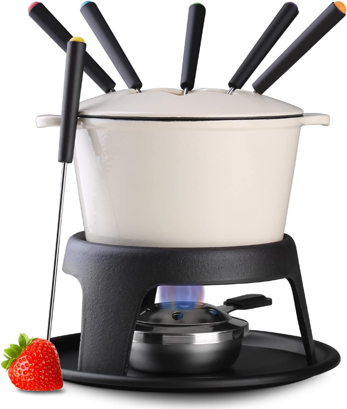 Artestia Cast Iron Fondue Pot Set for Chocolate Cheese Swiss Fondue Set for Meat with 6 Fondue Forks, Cheese Camping Fondue Set Serve 6 Persons(White)