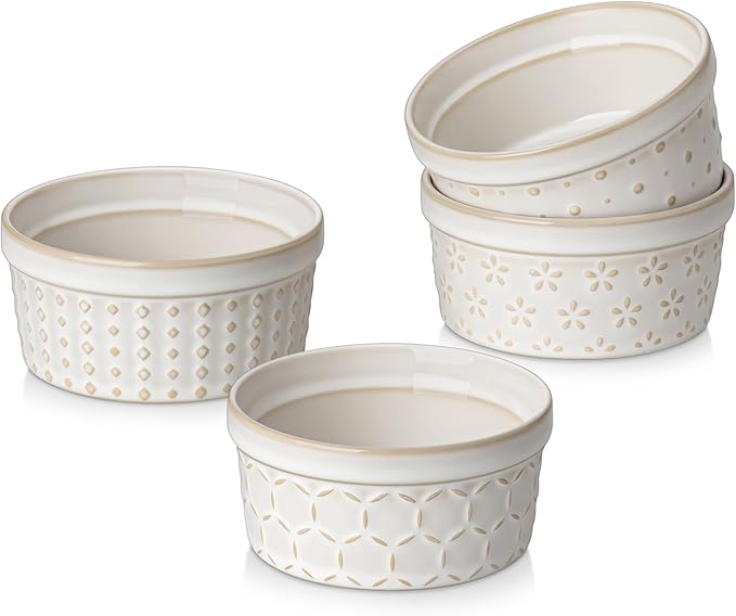 MALACASA Ramekins 4 Oz Oven Safe, Ceramic Creme Brulee Souffle Dishes, Pudding Custard Cups Ramekin For Baking, Small Dipping Sauce Bowls, Set of 4, Microwave and Dishwasher Safe, Arctic White