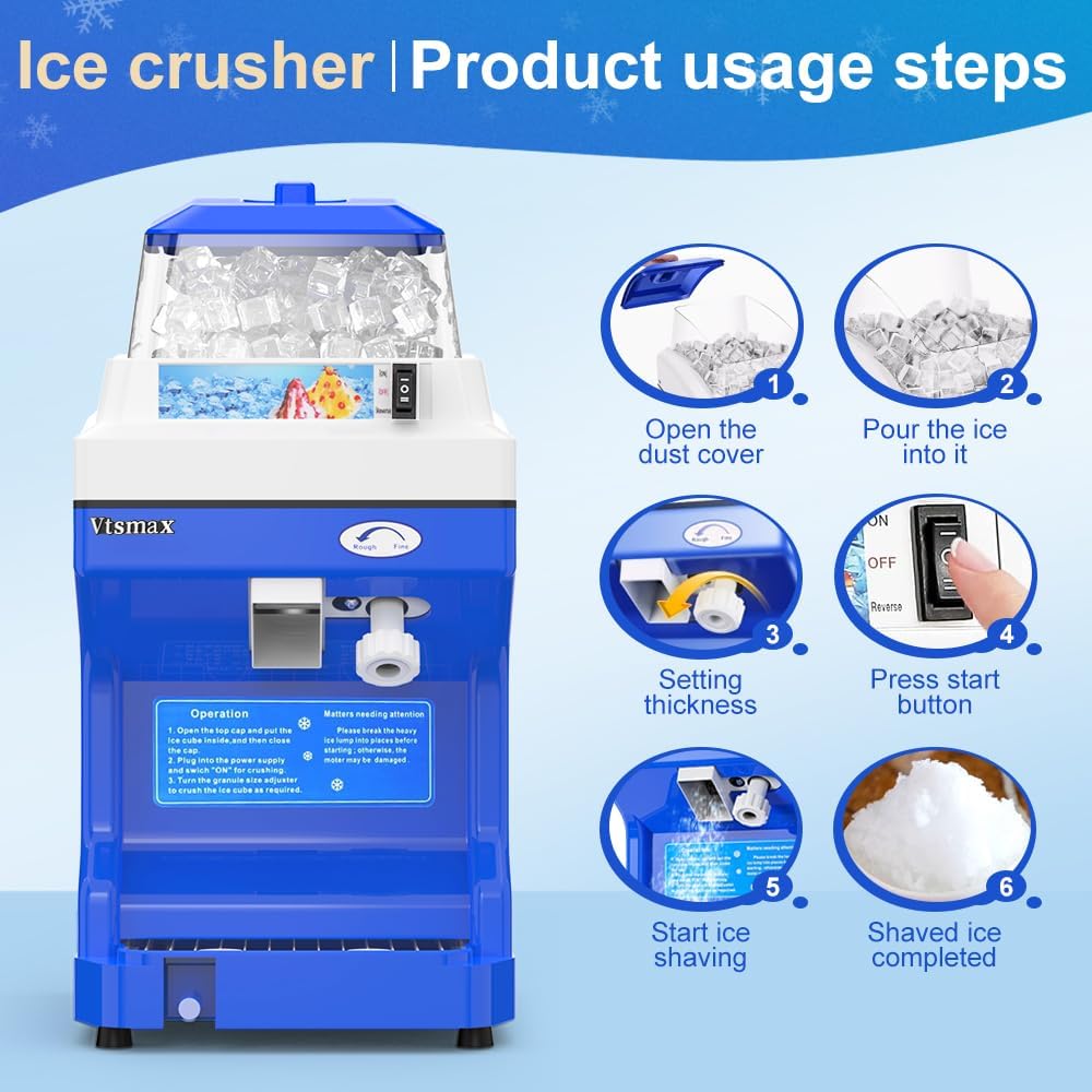 Electric Snow Cone Machine, 300W Ice Shaver Machine, Thickness Adjustable Snow Cone Maker Machine 661LBs/hr Ice Crusher for Bar Parties Events Snack, Home and Commerical Use Blue(5.8Qt)