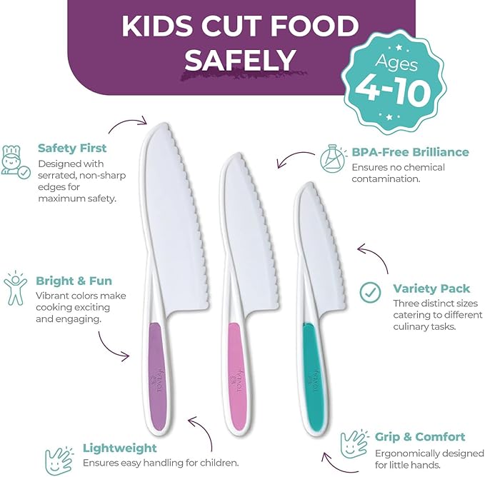 Tovla Jr. Kid Safe Knife Set for Real Cooking | 3-Piece Toddler Kitchen Knives | Montessori & STEM Cooking Tools Ages 4–12 | BPA-Free, Dishwasher-Safe | Christmas, Birthday & Stocking Stuffer Gift