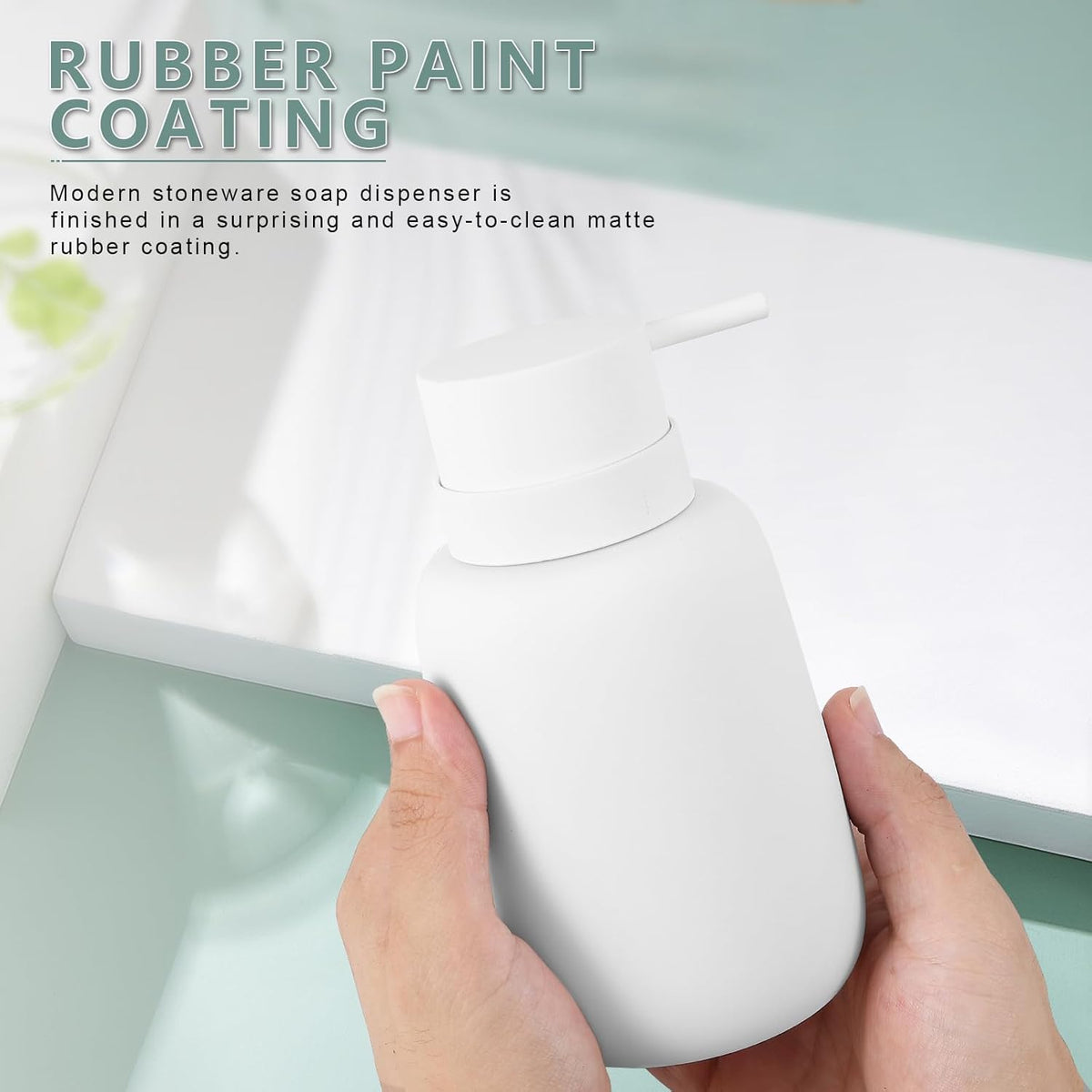 Ceramic Hand Soap Dispenser for Bathroom,16OZ Matte Dish Soap Dispenser for Kitchen Sink,Refillable Liquid Lotion Dispenser with Easy-to-Press Pump Rubber Paint (White)