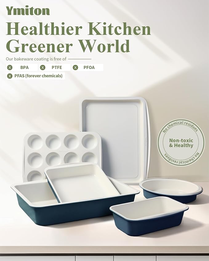 Ceramic Nonstick Baking Pans Set, Non Toxic 30 PCS Stackable Bakeware Sets, 550°F Oven Safe Baking Sheet & Pans, Warp-Free, Dishwasher Safe, PTFE/PFOA/PFOS-Free (Blue)
