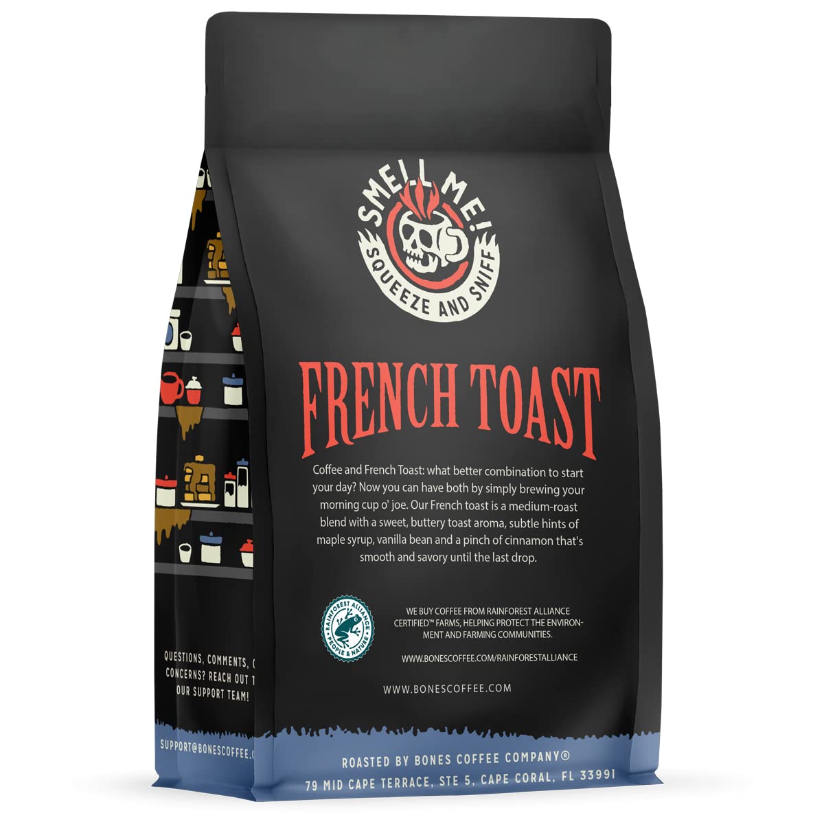 Bones Coffee Company French Toast, Sweet and Buttery Flavored Flavored Coffee, Medium Roast Low Acid Arabica Beans Compatible with Auto drip and French Press Coffee Maker, 12 Oz Whole Bean