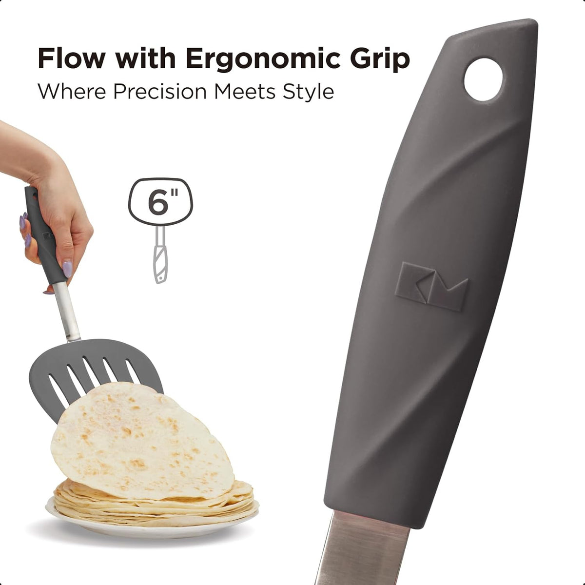 Kitchen Mama WaltzGrip Platinum Silicone Pancake Spatula Turner: Heat Resistant Flexible, Stainless Steel Core, Nonstick, Dishwasher Safe, Flipper – Ideal Kitchen Cookware Egg, Fish, Meat (Metal Gray)