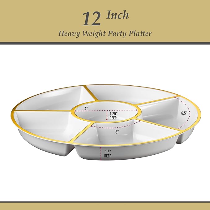 Plasticpro 6 Sectional Round Plastic Serving Tray/Platter (2, White & Gold)
