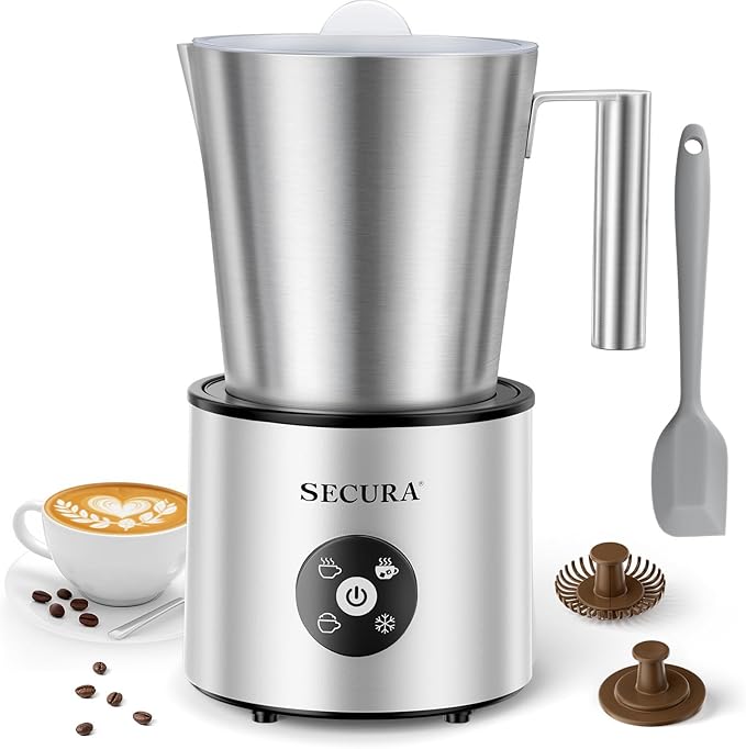Secura 4-in-1 Automatic Milk Frother, 17oz Teflon-Free Stainless Steel Jug, Hot/Cold Foam Maker & Milk Warmer for Latte, Cappuccino, Macchiato, Hot Chocolate, Includes Silicone Spatula & 2 Whisks
