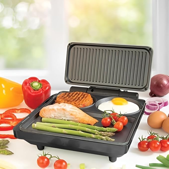 OVENTE Sandwich Maker and Hamburger Grill Machine with Non-Stick Griddle and Griller Plate, 1000W Electric Multipurpose Breakfast Station for Sandwiches, Burgers, Egg Muffin & Pancakes, Black HMG111B