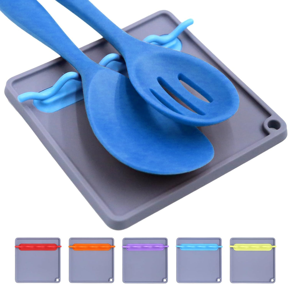 Silicone Spoon Rest for Stove Top, Non-Slip and Heat-Resistant, BPA-Free Kitchen Spoon Rest for Spoons and Ladles, Gray + Blue