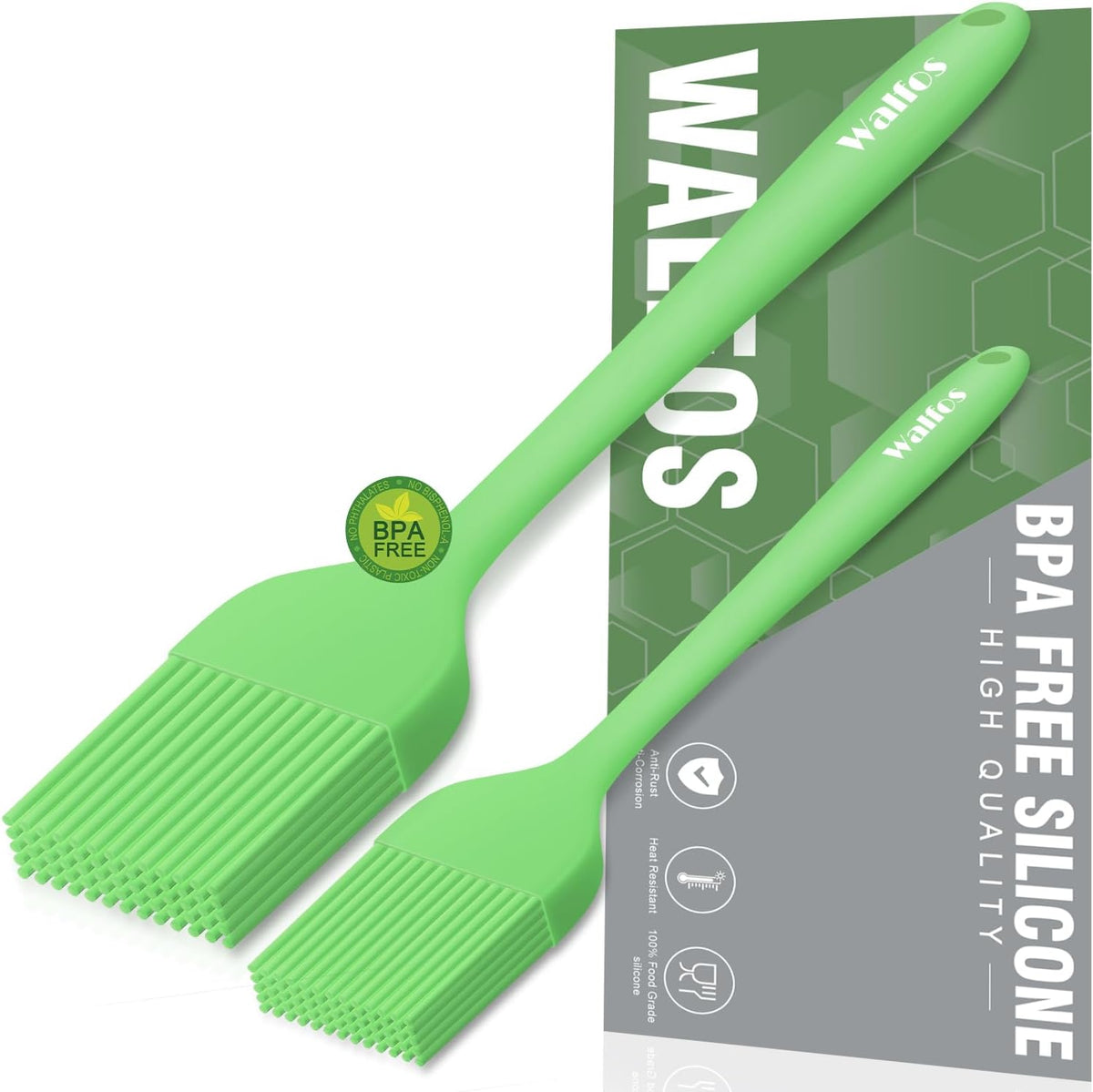 Walfos Basting Brushes Silicone, Heat Resistant Pastry Brushes for Kitchen Cooking, Oil, BBQ Grill, One-Pieces Design,BPA Free and Dishwasher Safe, 2 Pcs (Lime Green)