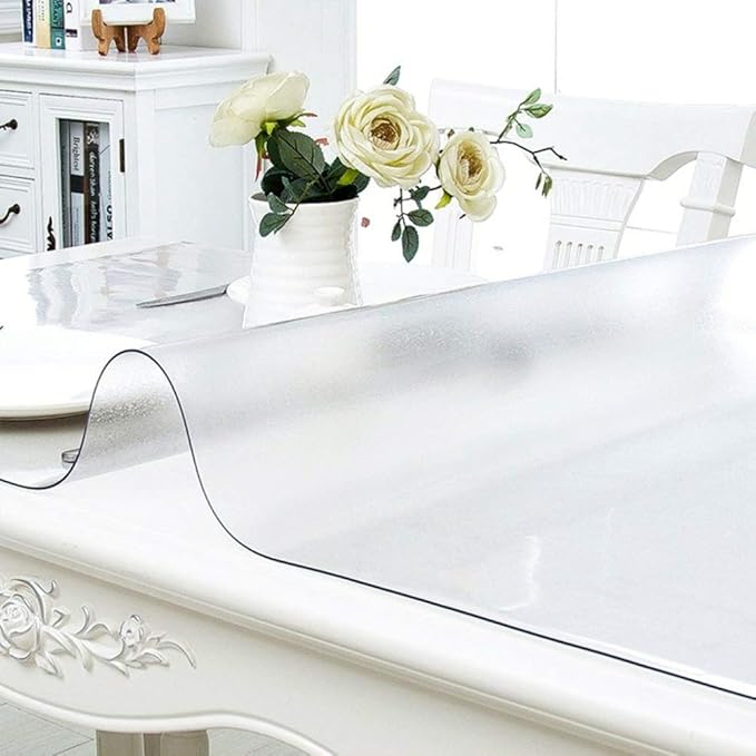 NECAUX Custom Multisize 1.5mm Thick Frosted PVC Table Cover Protector - 60 x 60 Inch Water Resistant Square ECO Plastic Crystal Dining Room Table Cover Vinyl Non-Slip Desk Pad for Kid's Table
