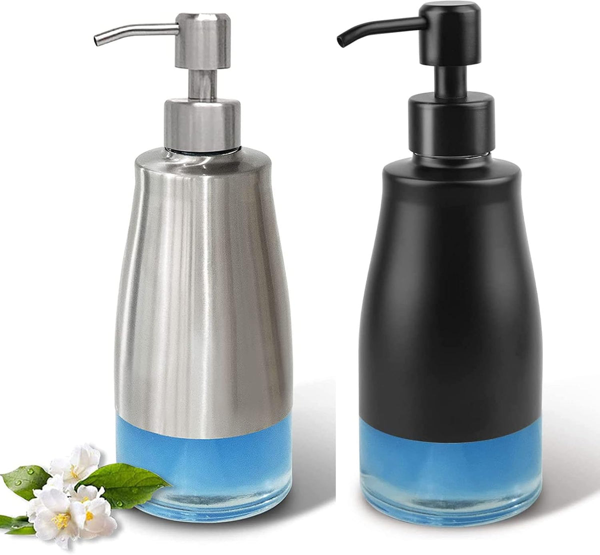 2 Pack Soap Dispenser Stainless Steel Case Glass Liner Hand Pump Dispenser, Refillable Liquid Hand Soap Dispenser for Bathroom & Kitchen - Brushed Nickel, Silver & Black