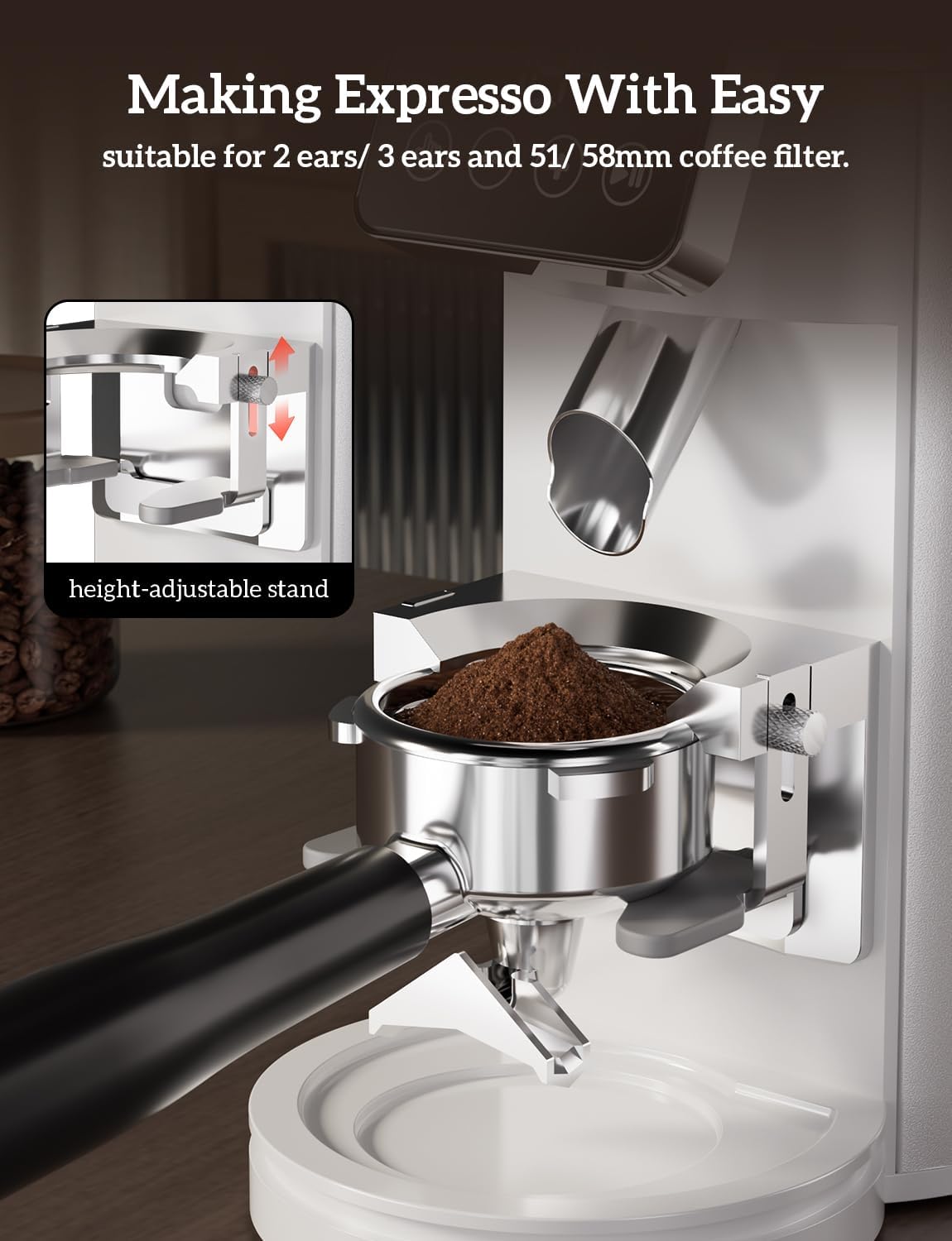 Neretva Burr Coffee Grinder, 2 in 1 Professional Espresso Grinder Stainless Steel Suit 51~58mm Portafilter Coffee Bean Grinder 30 Precise Setting & Anti-Static for Espresso/French Press/Drip/Cold Brew