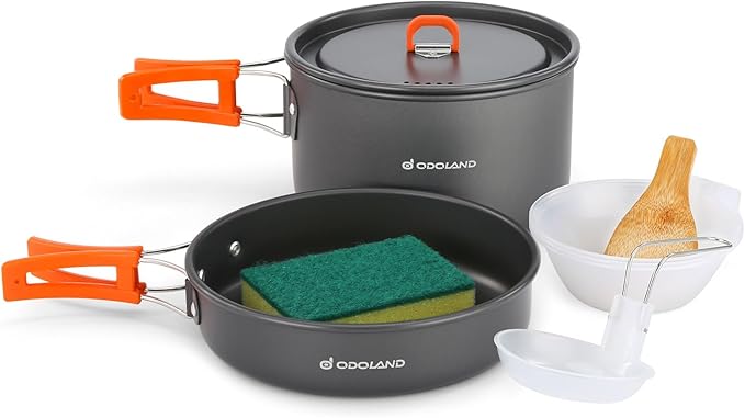 Odoland 9pcs Camping Cookware Non-Stick Lightweight Pots and Pans Set with Plastic Bowls Soup Spoon for Backpacking, Outdoor Cooking and Picnic