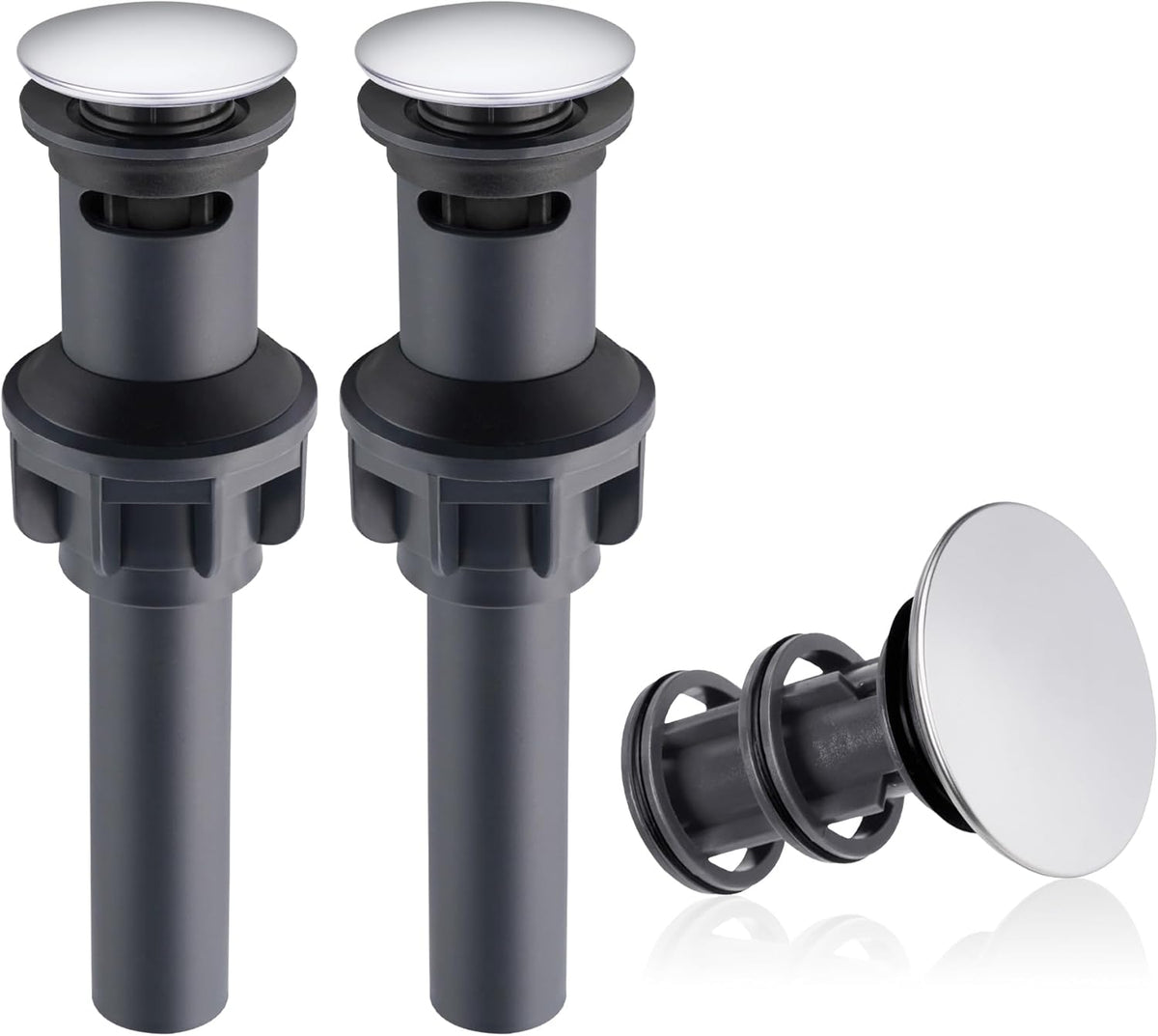 Hibbent 2 Pack Universal Bathroom Sink Drain Stopper, Pop Up Drain Strainer with Overflow, Push and Seal Sink Plug with Basket for Lavatory Vanity Vessel, Anti-Clogging Strainer, Chrome