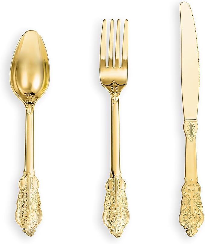 N9R 120PCS Gold Plastic Silverware, Disposable Silverware Include 40 Forks, 40 Spoons, 40 Knives, Gold Cutlery Set Disposable for Party, Wedding and Daily Use