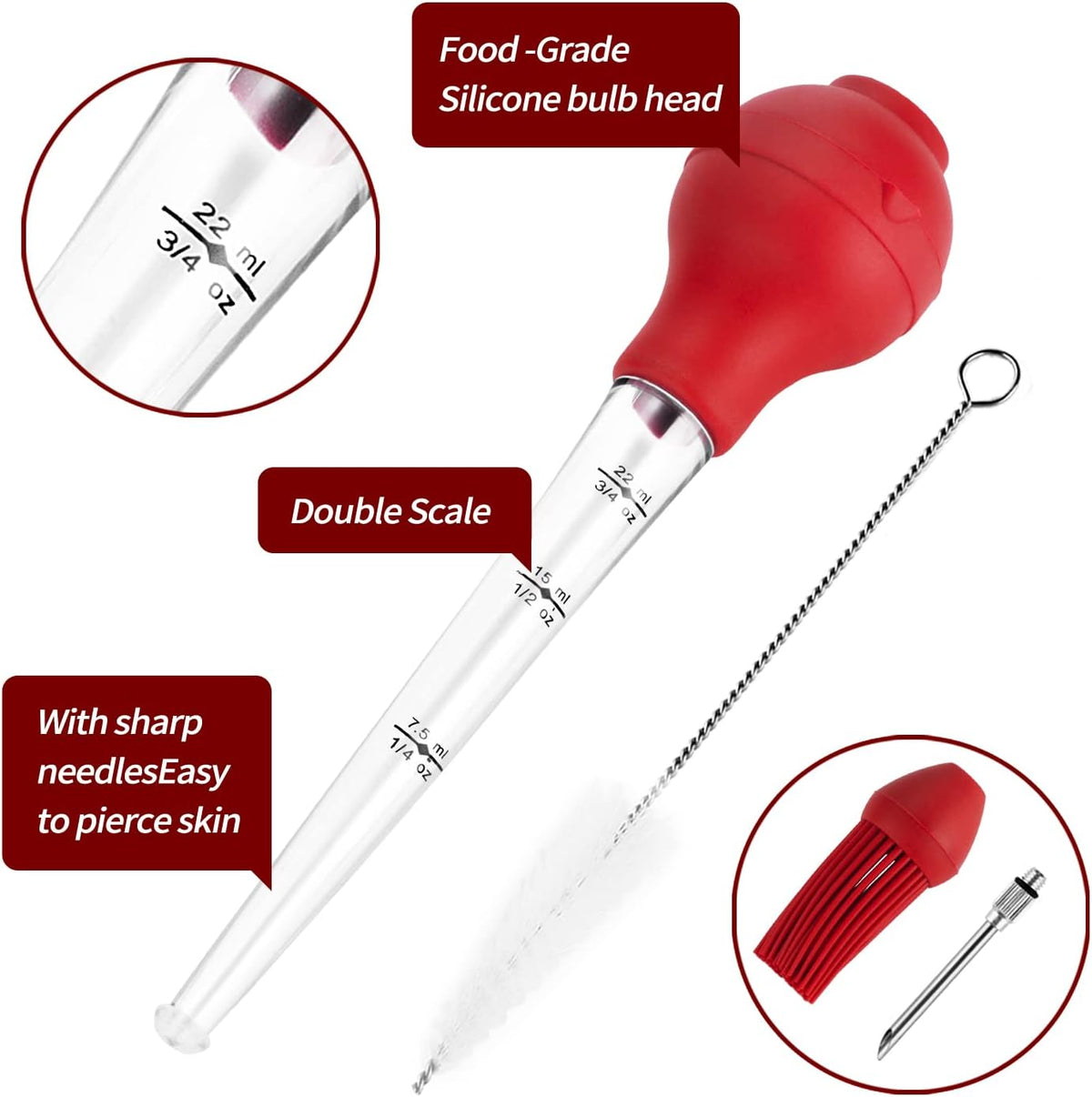 Turkey Baster Food Grade for Cooking & Basting, Detachable Round Bulb, Baster Cooking Good for Meat Poultry Beef Chicken, with Cleaning brush, inject needle, Basting brush(red)